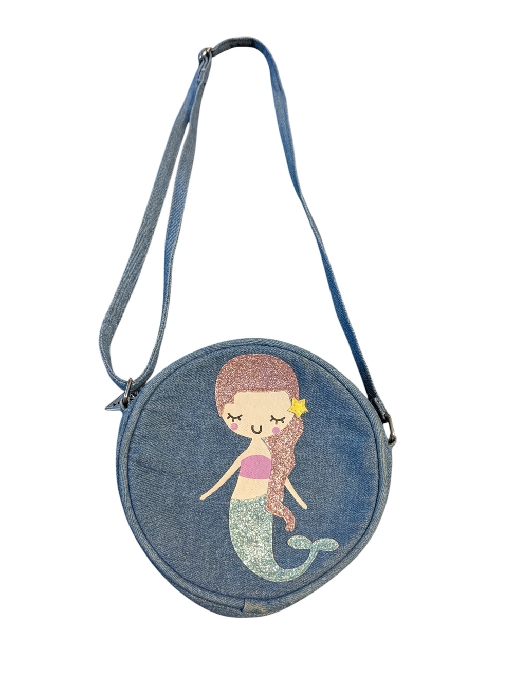 Guess Blue Denim Round Crossbody Bag with Glitter Mermaid